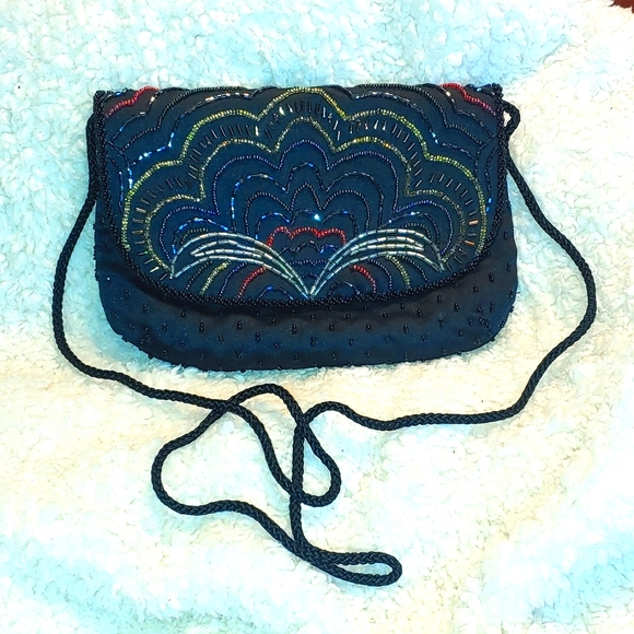 Geometric Design Beaded Corded Evening Purse - Picture 1 of 5
